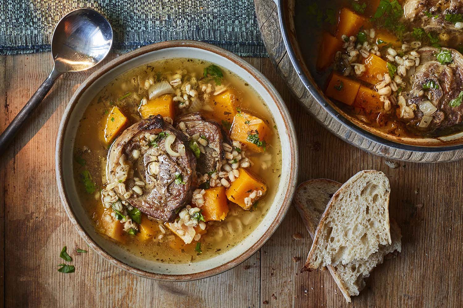 A dish of scrag end, squash & barley broth