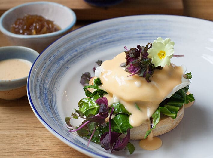 Poached eggs with elderflower hollandaise