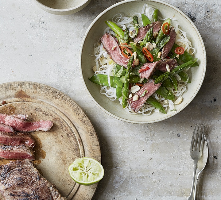 Seared beef with asparagus stir-fry