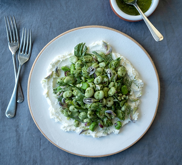 Broad bean & broad bean tip salad with goat’s cheese
