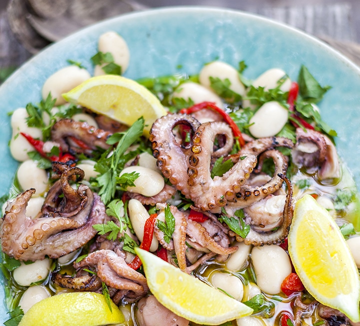 Charred octopus, piquillo pepper & butter bean salad