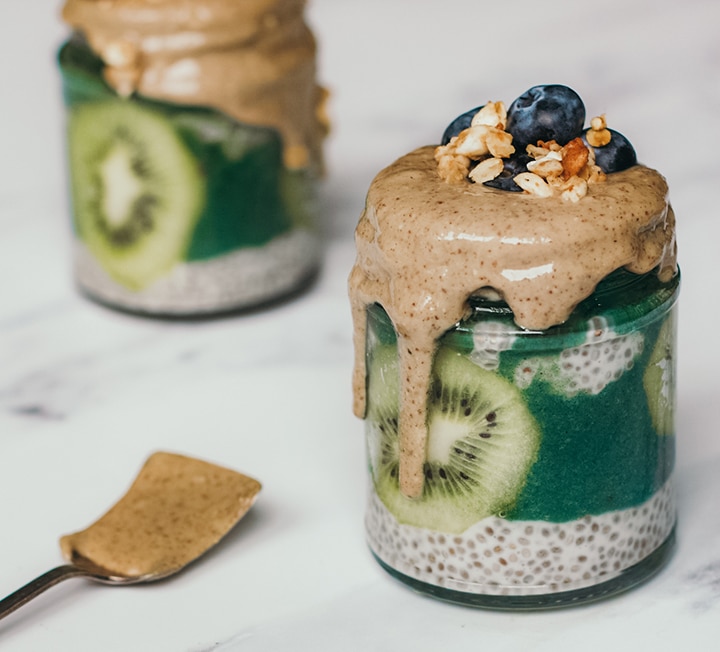 Coconut, kiwi & lime chia pudding with ABC nut butter