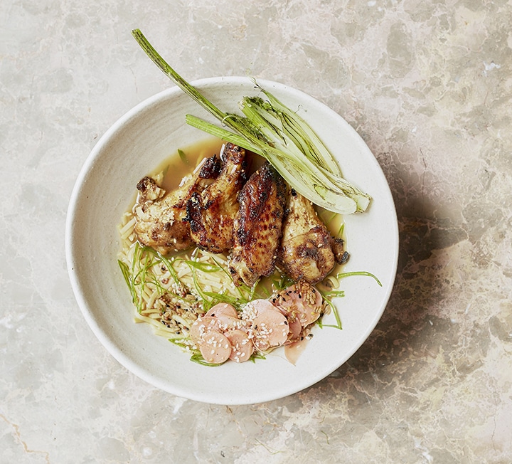 Lemongrass chicken wing ramen with pickled radishes & torched baby fennel 1