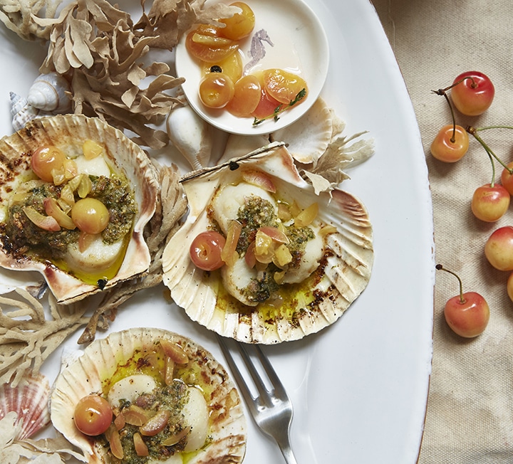 Scallops with hazelnut herb butter & pickled cherries Borough Market