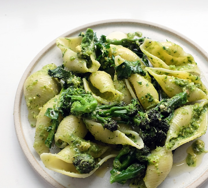 Wild garlic & purple sprouting broccoli pesto pasta