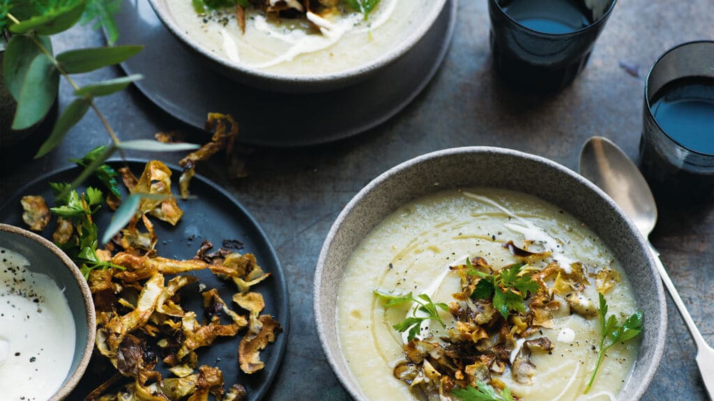 Artichoke soup with hazelnut & crispy skins | Borough Market