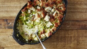 Smoked pig cheek & farmhouse cheddar sprout gratin | Borough Market