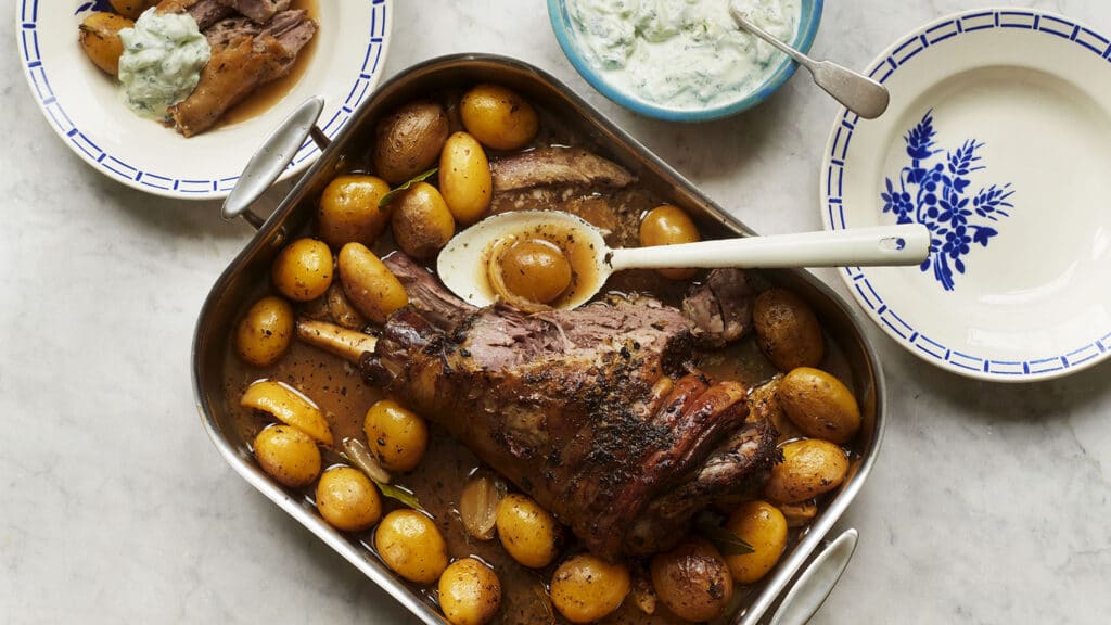 Slow-roasted leg of lamb with lemon & bay potatoes | Borough Market