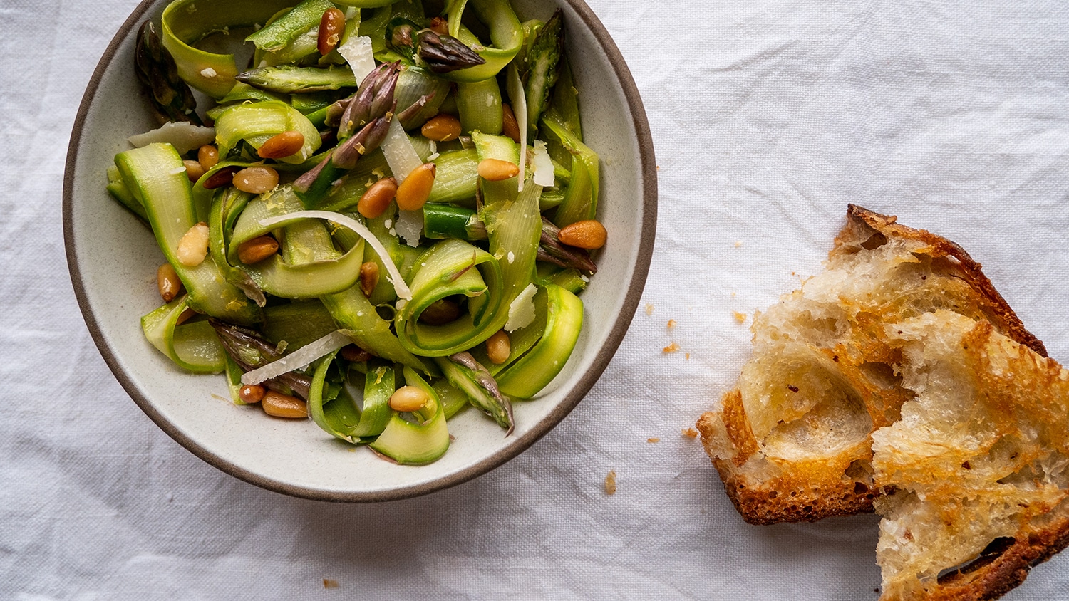 Asparagus, lemon & pine nut salad with garlic bruschetta Borough Market