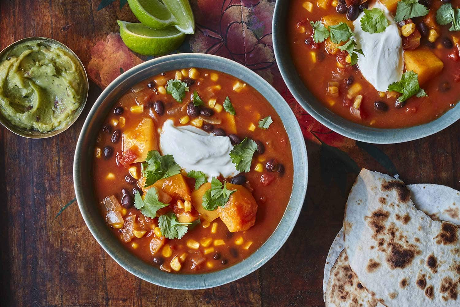 A bowl of squash, black bean & sweetcorn soup