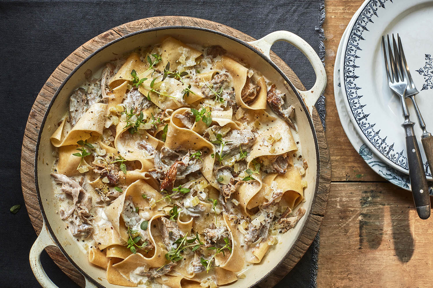 A dish of fresh pappardelle with turkey ragu