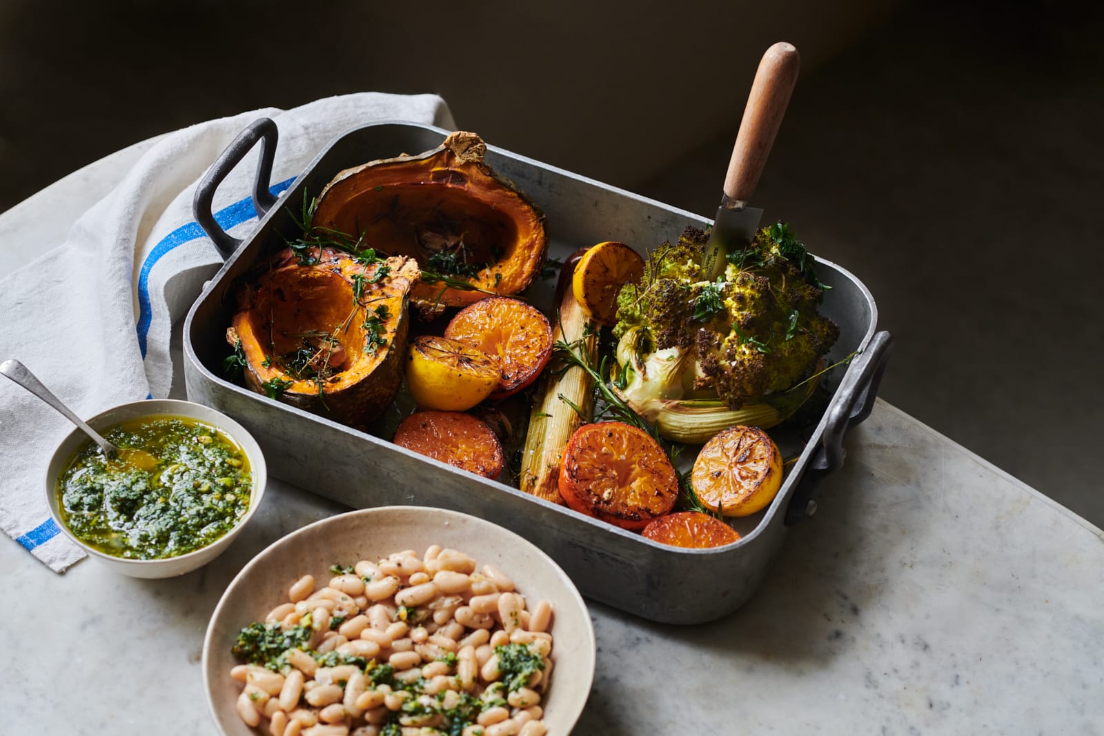 Roast winter vegetables with pistachio pesto & white beans made from Borough Market ingredients