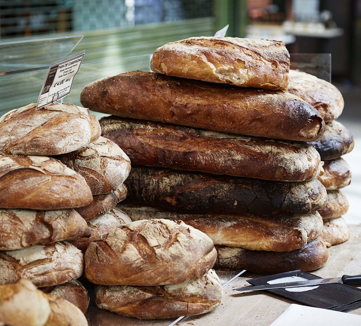 Bread piled up at the Olivier's Bakery stall in Borough Market