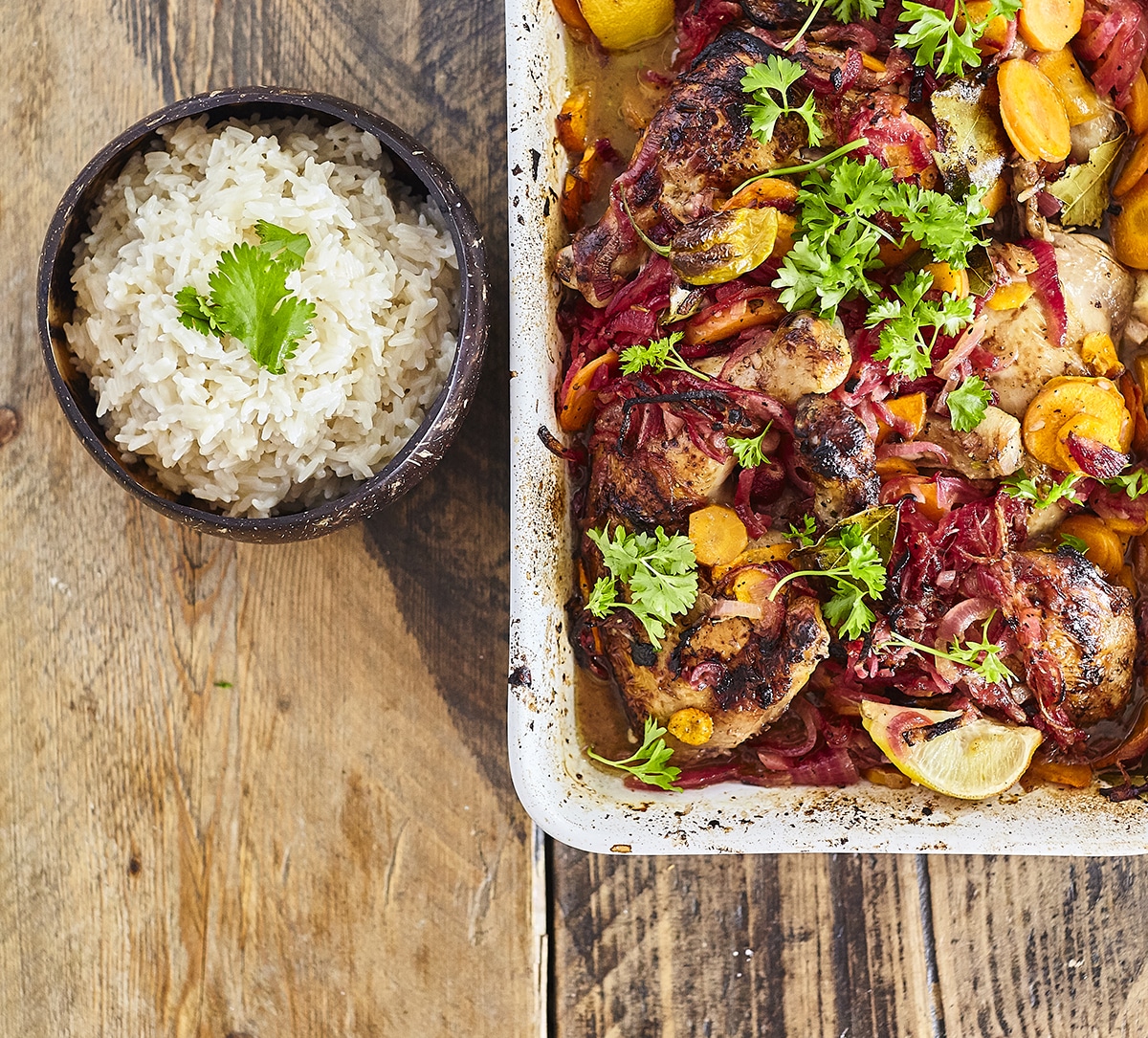 A dish of poulet yassa Senegalese chicken made with Borough Market ingredients