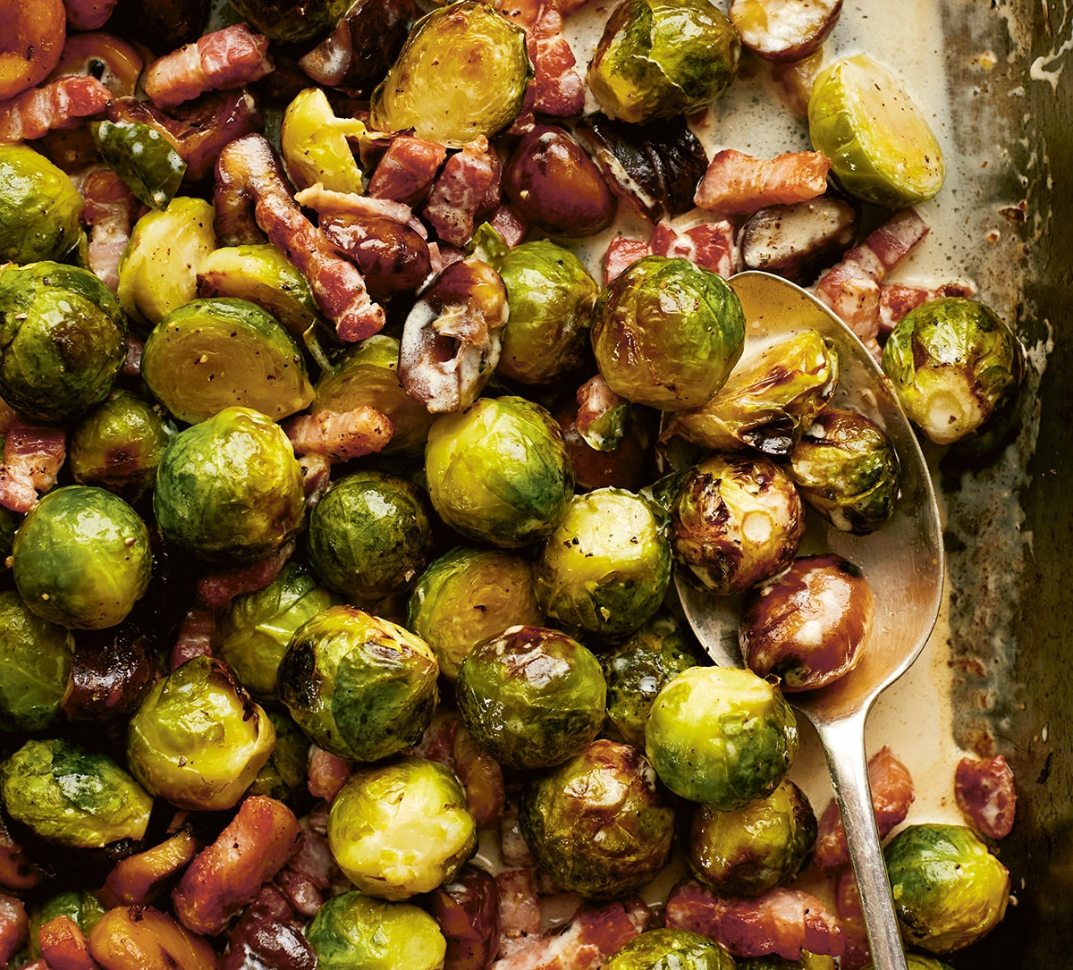 Roasted brussels sprouts with bacon, chestnuts & cream, made with Borough Market ingredients
