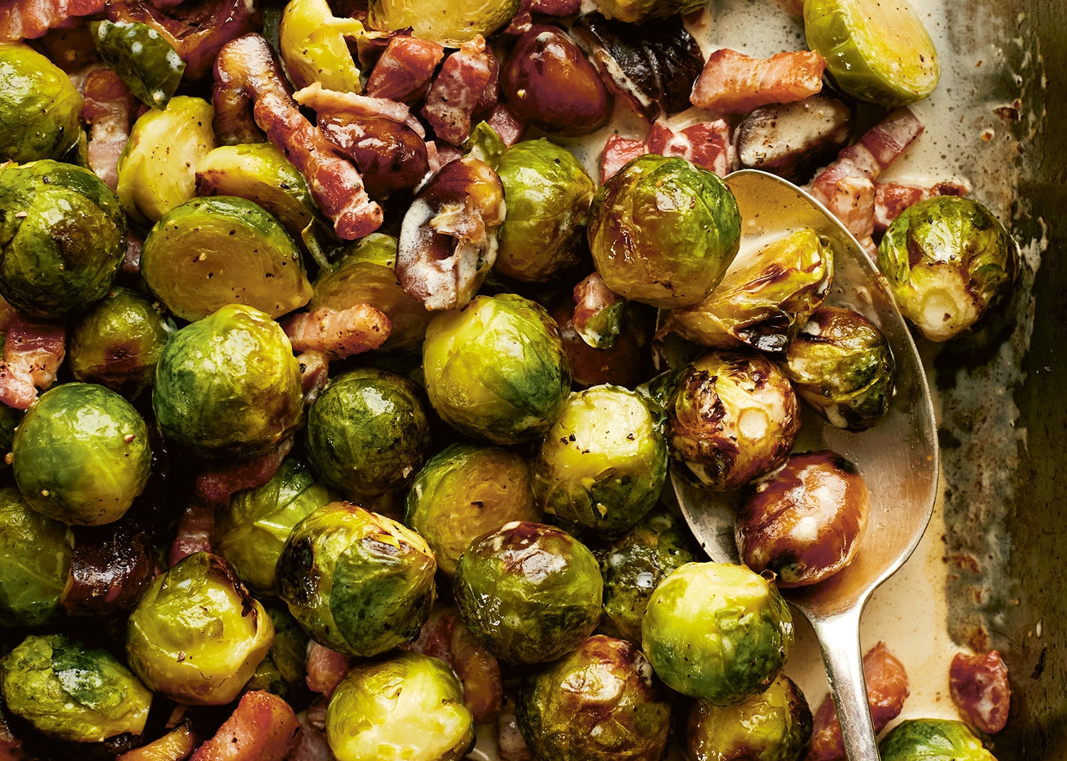 Roasted brussels sprouts with bacon, chestnuts & cream, made with Borough Market ingredients