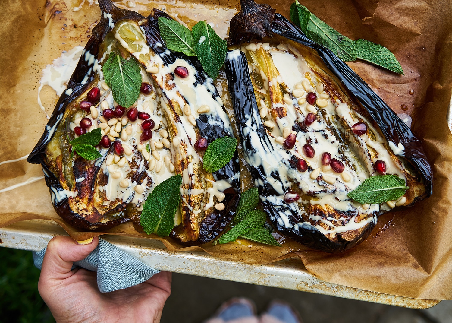 Sticky tahini & sweet chilli aubergines made with Borough Market ingredients