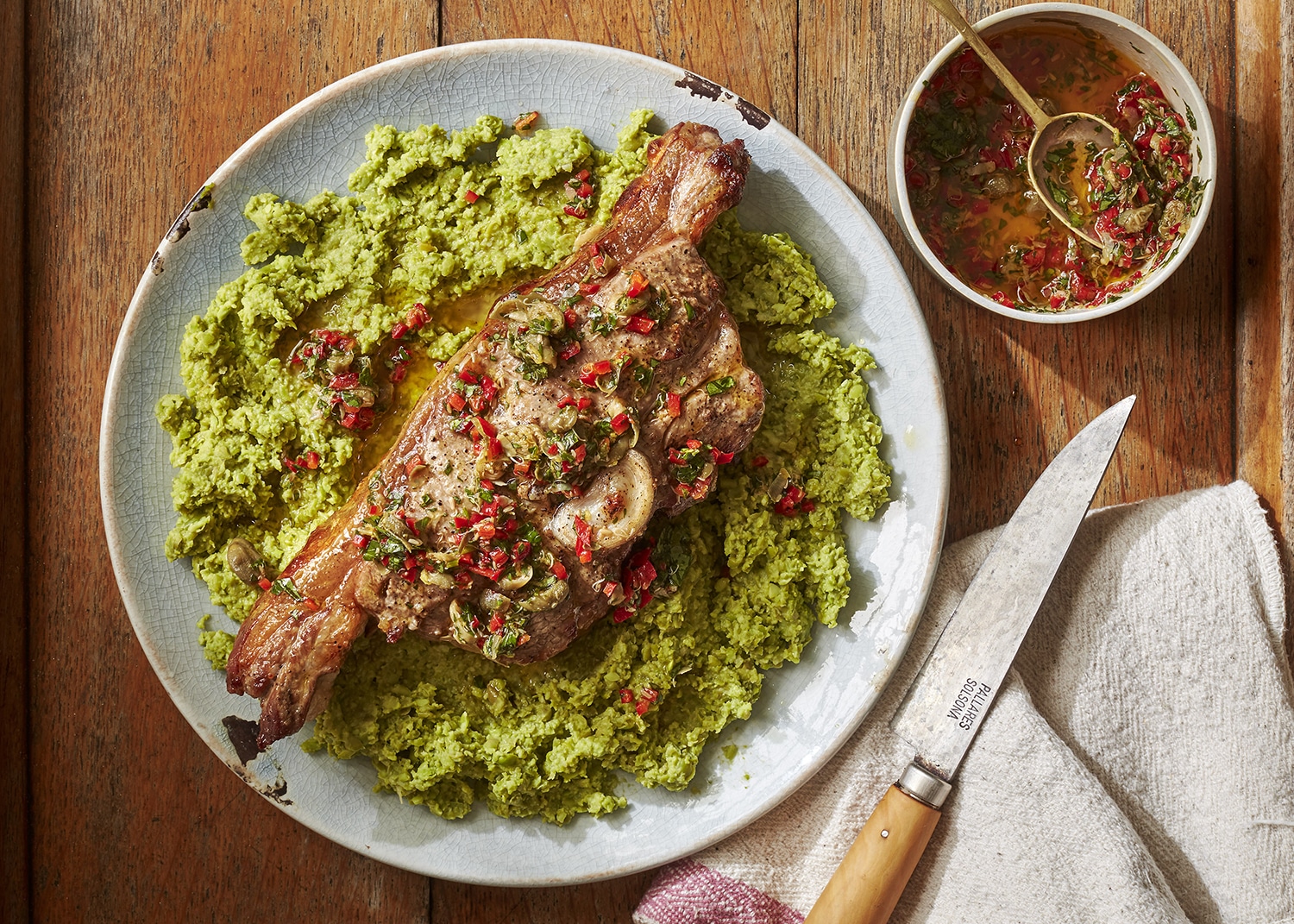 Grilled Barnsley lamb chop with pea & mint puree