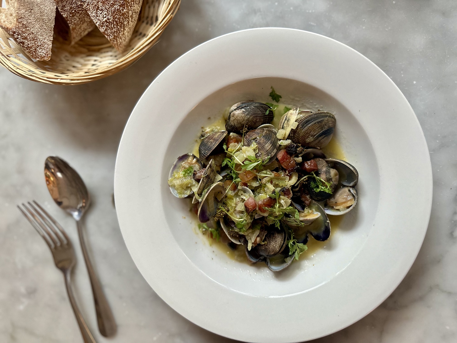 Clams, pig’s cheek & pastis, made with Borough Market ingredients