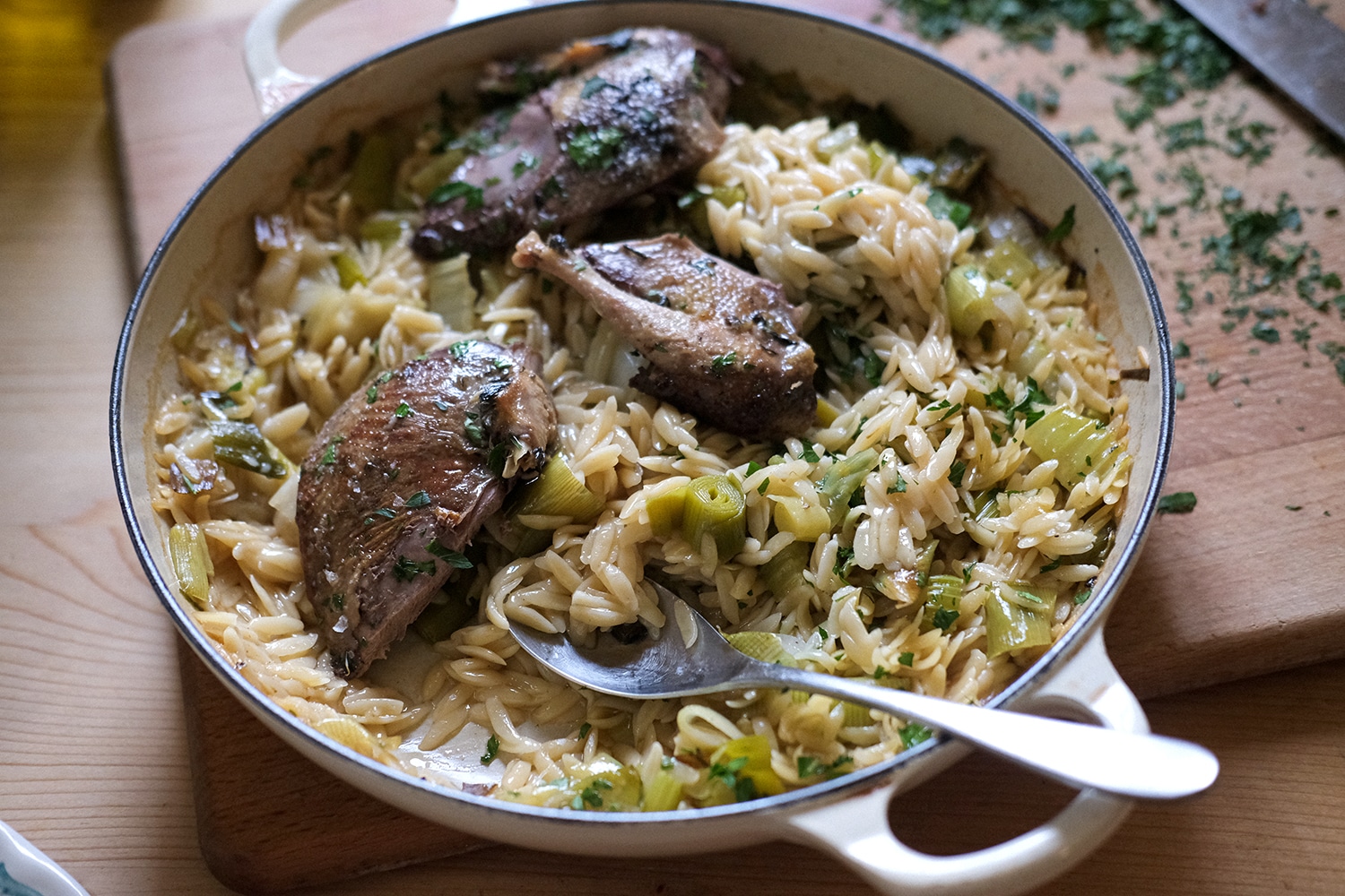 Roast grouse with leek and orzo