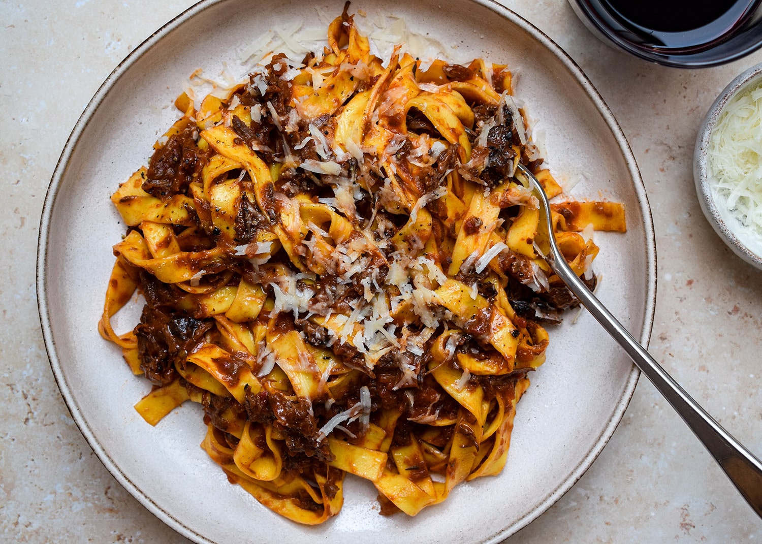 Slow cooked beef shin tagliatelle made with market ingredients