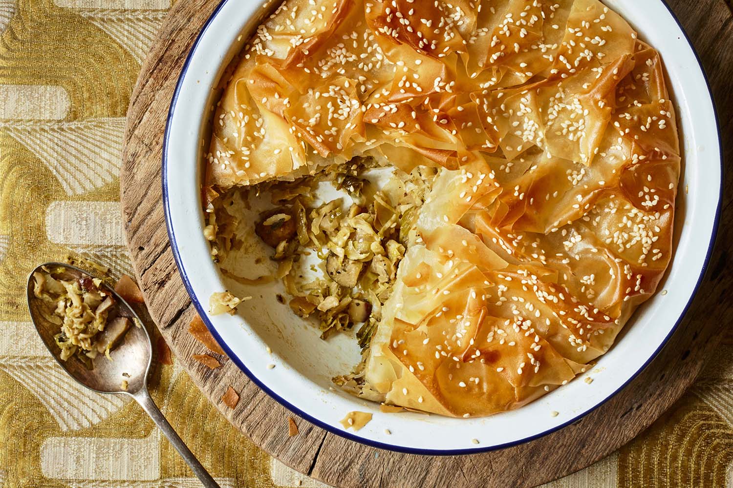 Parsnip, chestnut, sprout and sage filo pie