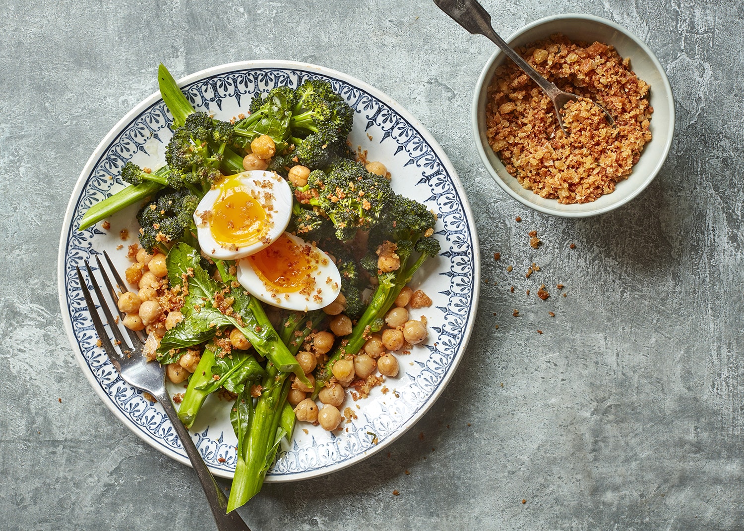 Purple sprouting broccoli with chickpeas, egg, anchovies & pangrattato 3