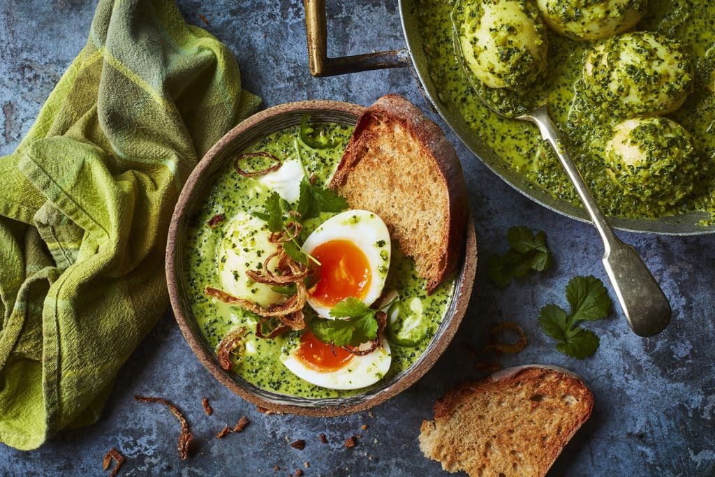 Curried greens & duck eggs made with Borough Market ingredients