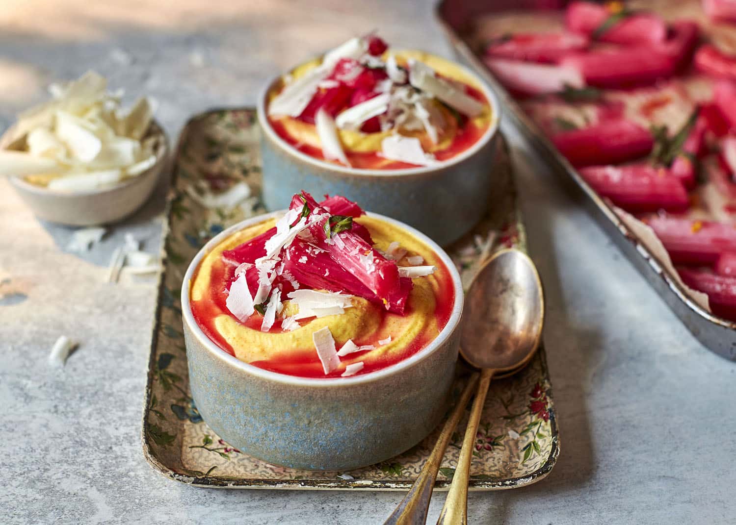 White chocolate & turmeric mousse with rhubarb compote