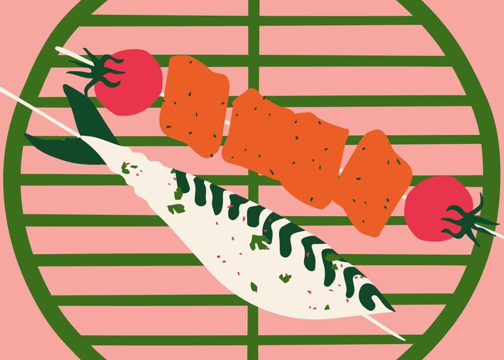 Illustration of fish and meat on a barbecue