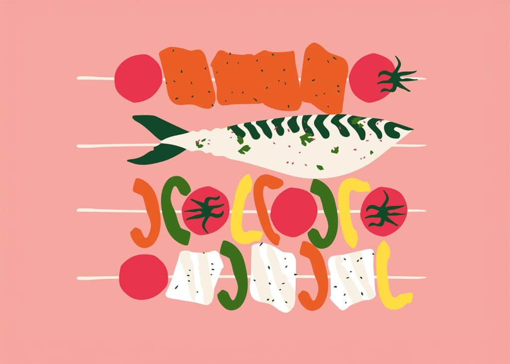 An illustration of food skewers for a barbecue