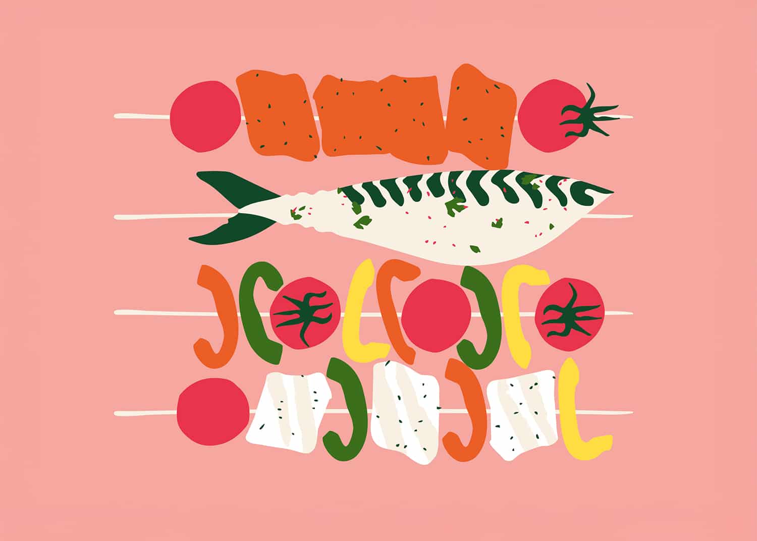 An illustration of food skewers for a barbecue