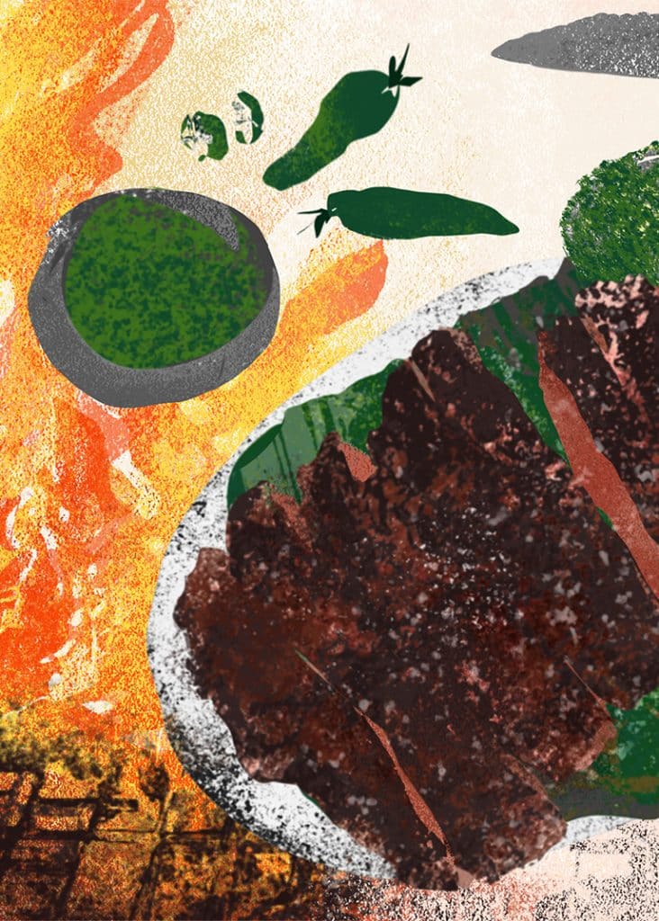 An illustration of Cynthia Shanmugalingam's fire-cooked pepper pork neck