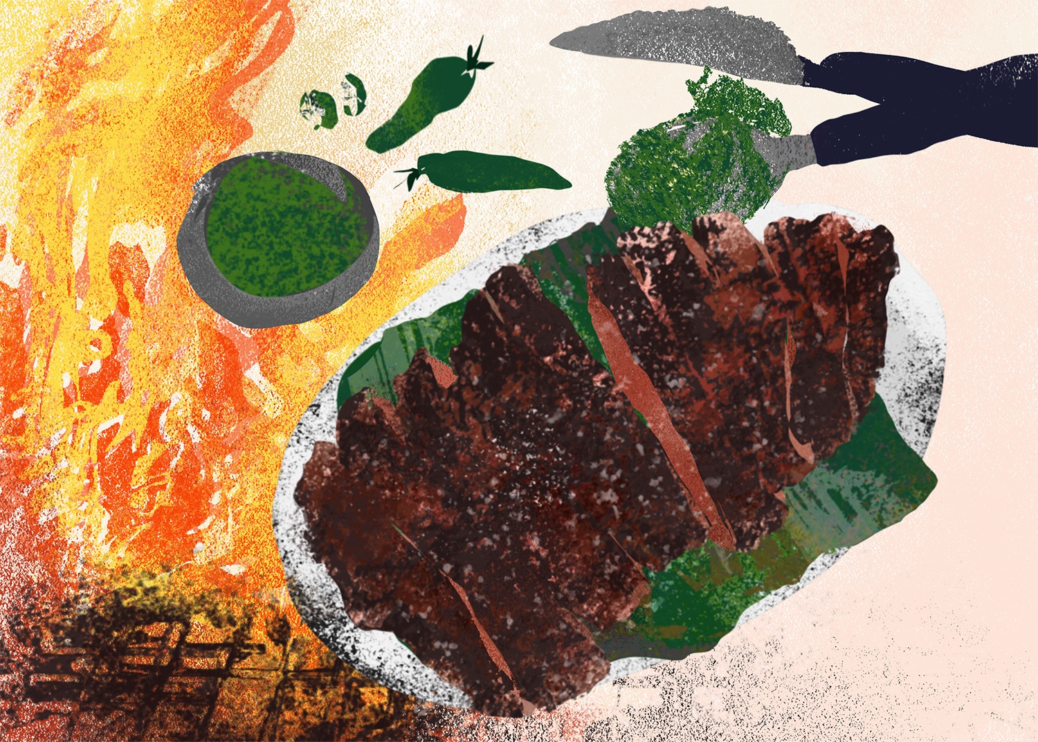 An illustration of Cynthia Shanmugalingam's fire-cooked pepper pork neck
