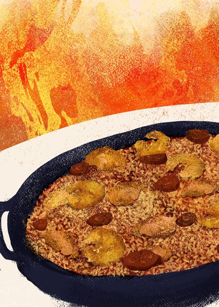 An illustration of Nick Willoughby's fire-cooked jambalaya