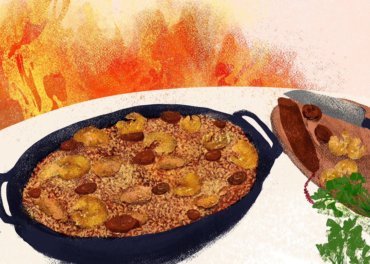 An illustration of Nick Willoughby's fire-cooked jambalaya