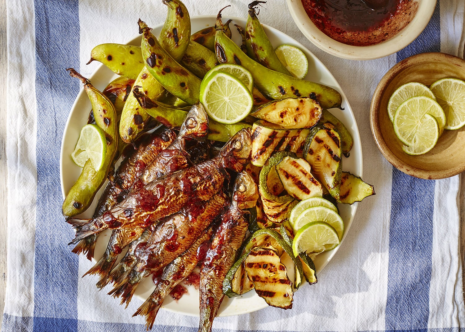 Sorrel jam & pimento sardines with broad beans & courgettes