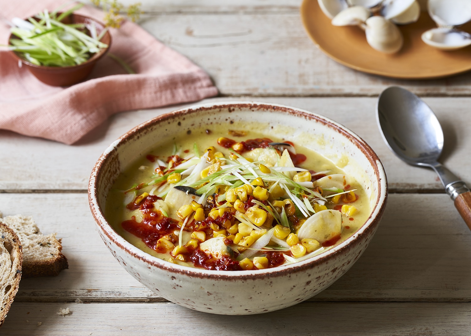 Charred sweetcorn & clam chowder with nduja