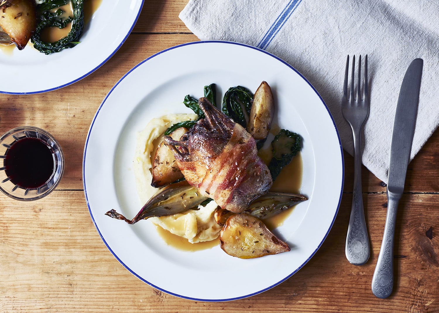 Roast partridge & pears with perry gravy