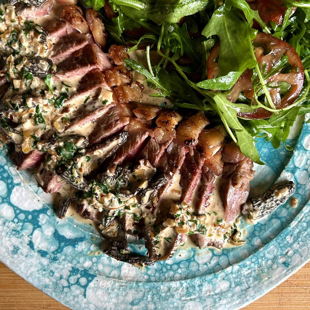 Steak with morel and miso cream sauce