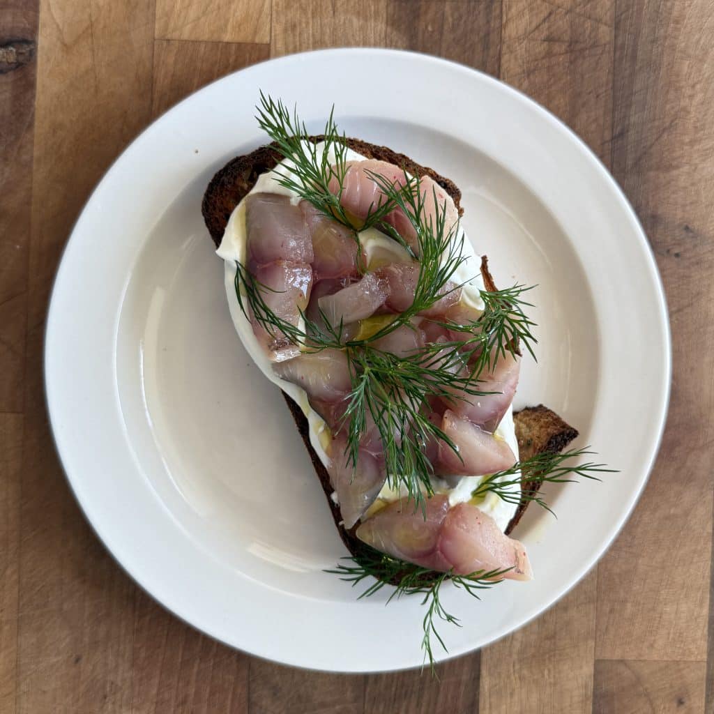 Pink pepper-cured mackerel with lemon labneh