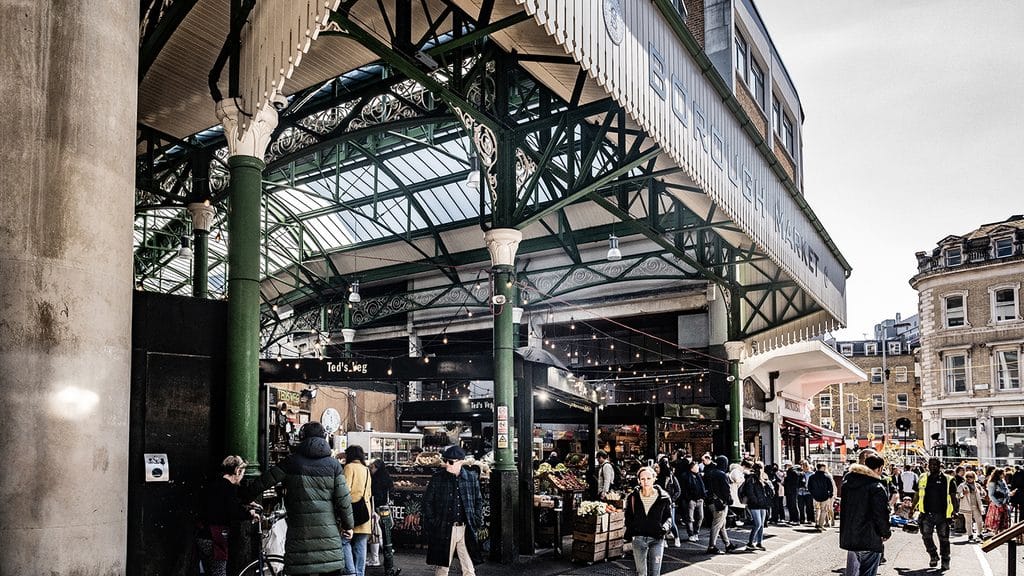 A view of a busy Borough Market, taken from Stoney Street